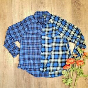 Wild Fable Split Half & Half Blue Plaid Flannel Mismatch Boyfriend Hi Low Size M